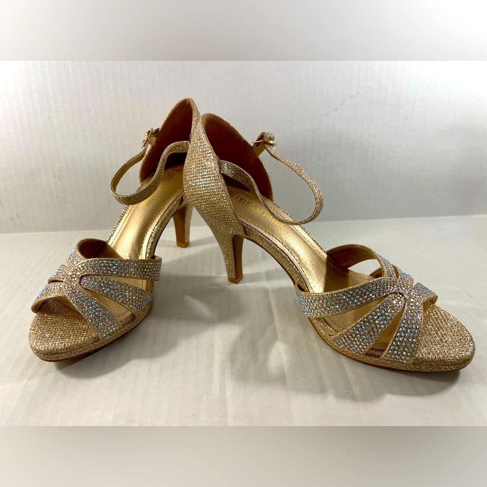 New DREAM PAIRS Women's Gold Amore Open Toe Pumps, Size 7.5